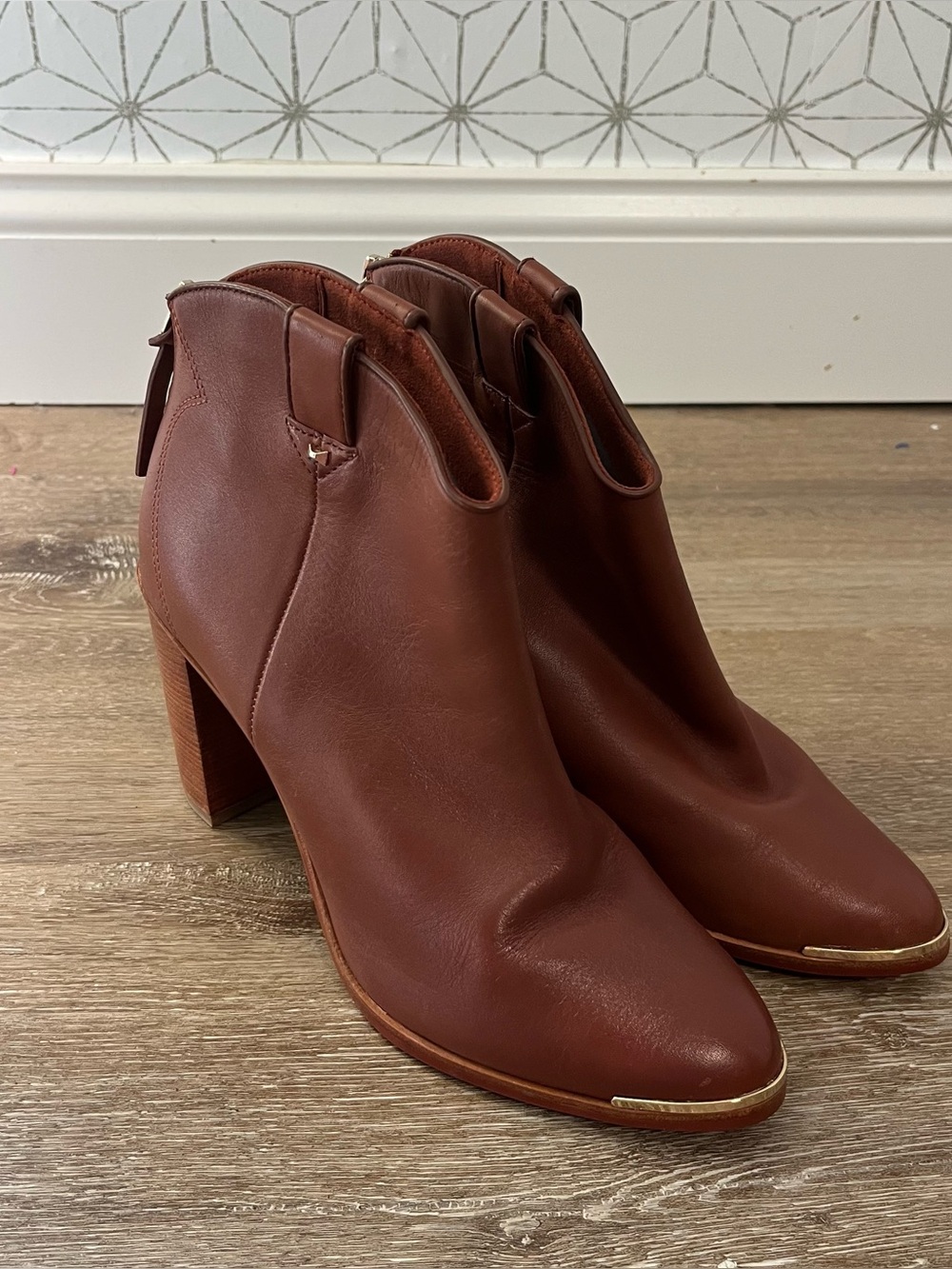 Ted Baker Rust Brown Leather Ankle Booties with Block Heel